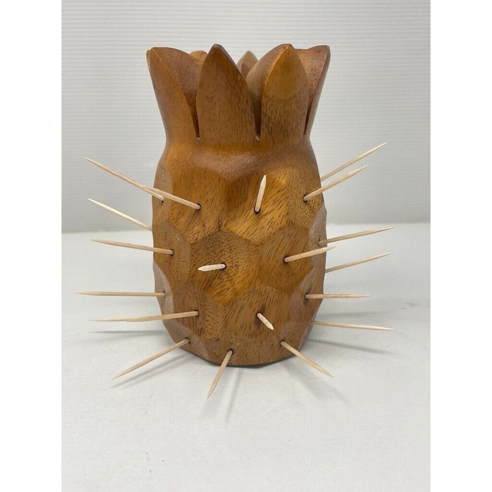Vintage Mid Century Modern Monkey Pod Wood Pineapple Toothpick Holder Appetizer